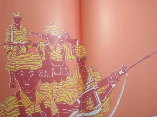 bright illustration of men in uniform with guns