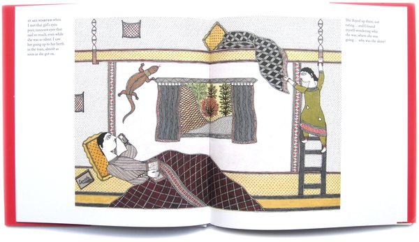 inside a train compartment with a lower and upper berth, one passenger on their mobile, a lizard on the wall over the window and a girl climbing the rail to the upper berth.